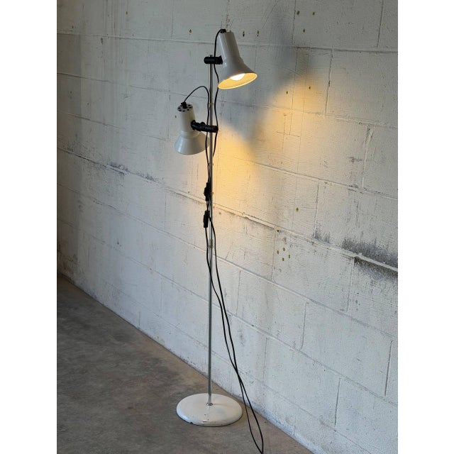 This adjustable metal floor lamp delivers targeted task lighting with two directional cone shades. Built with a slender...