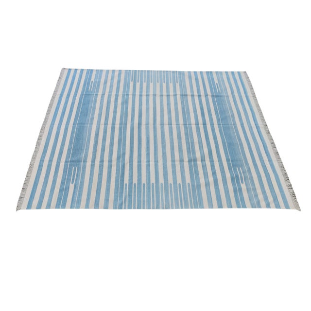 Handmade Reversible Cotton Vegetable Dyed Blue and White Striped Rug-10'x14' For Sale - Image 11 of 12