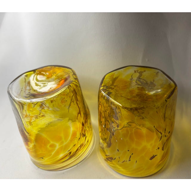 Murano Vintage Murano Goti De Fornasa Amber Yellow & Brown Swirl Art Glass Tumblers — Pair For Sale - Image 4 of 12