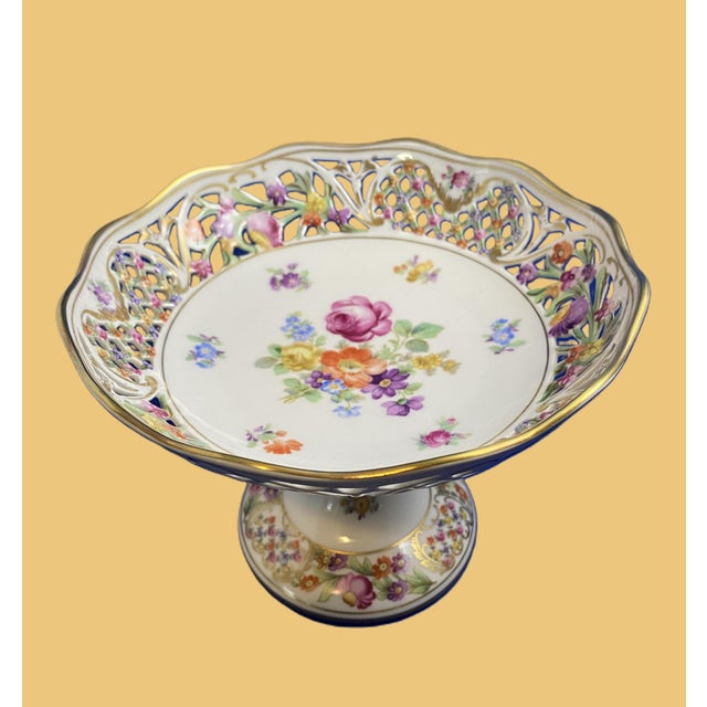 1950's Schumann Germany, Pedestal Reticulated Compote, Chateau Pattern, Dresden Flowers Porcelain Decorative FootedBowl For Sale - Image 14 of 18