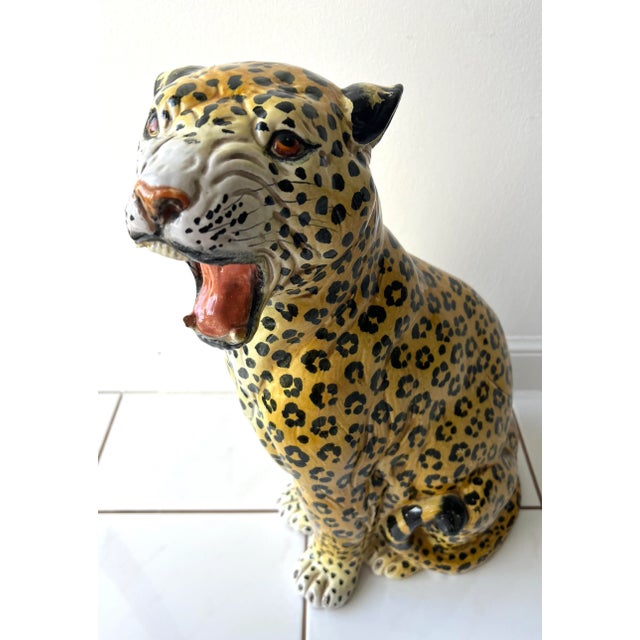 Hand painted glazed terracotta leopard sculpture with open mouth. Heavy sculpture, all hand painted. Stamped Made in Italy...