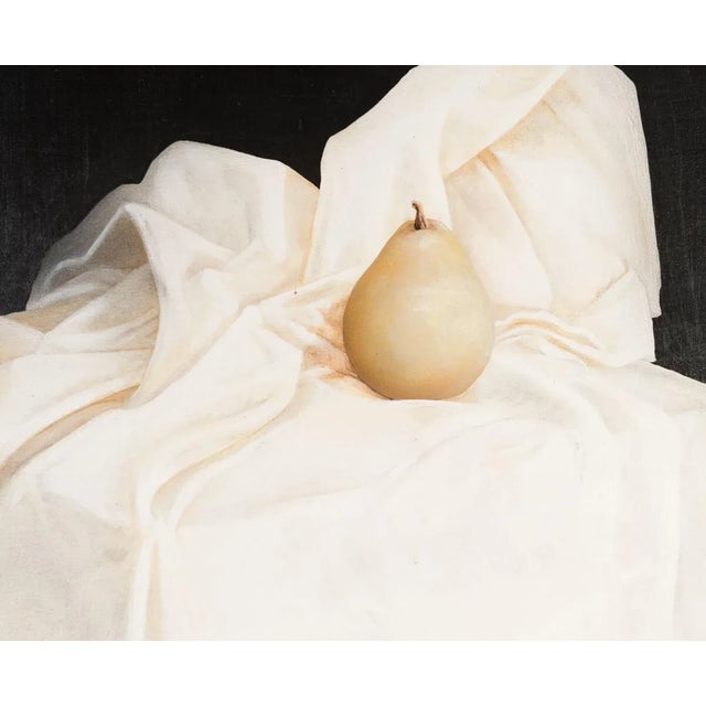 American Charley Brown -Pear on a Cube of Clouds in the Sky " Surrealistic Still Life Oil Painting For Sale - Image 3 of 11