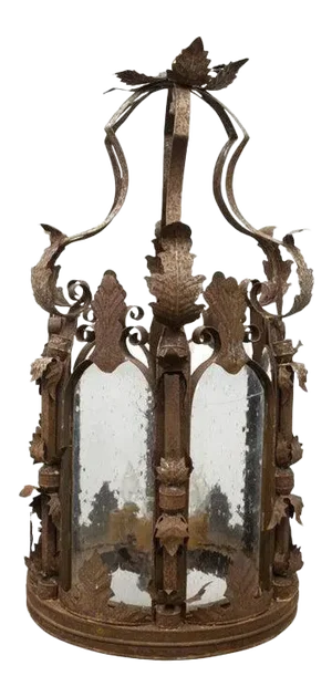 Monumental Antique Mexican Wrought Iron Oxidized Tin Electrified Hanging Lantern / Lamp