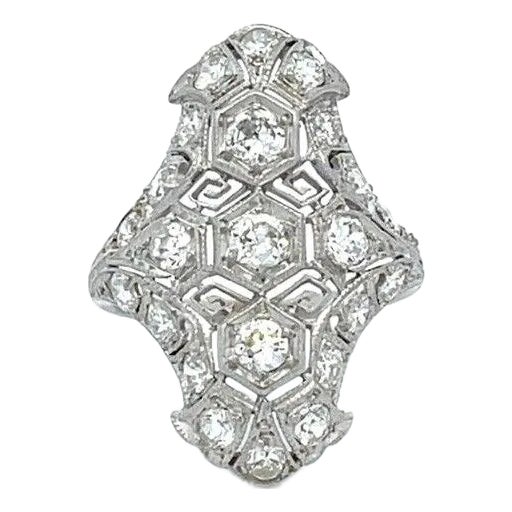 4988 Art Deco Platinum Diamonds Elongated Open Style Ring Size 6.5 For Sale