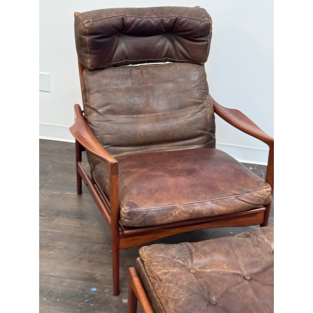 Mid-Century Modern Mid 20th Century Ib Kofod-Larsen Scandinavian Lounge Chair + Ottoman For Sale - Image 3 of 12