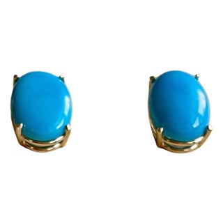 10 Ct Oval Natural Sleeping Beauty Turquoise Stud Earrings 14 K Yellow Gold For Sale