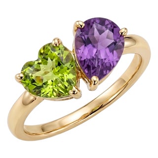 Amethyst & Peridot Toi Et Moi Ring | "You and Me" Heart & Pear Gemstone Bypass Ring Us 7 For Sale