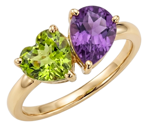 Amethyst & Peridot Toi Et Moi Ring | "You and Me" Heart & Pear Gemstone Bypass Ring Us 7