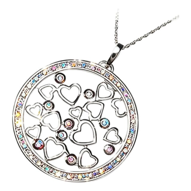 Late 20th Century 14K White Gold Diamond Hearts Pendant Necklace Estate For Sale