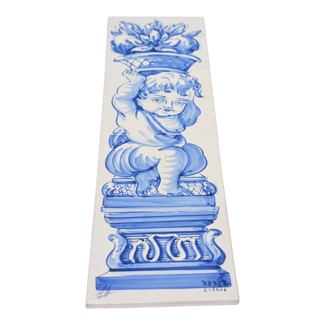 Vintage Hand Painted Portuguese Decor 4-Tile Azulejos "Cherub " Signed Lisboa For Sale