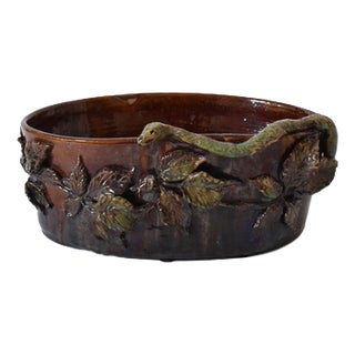 Low Brown and Green Relief Ceramic Planter, 1950s For Sale