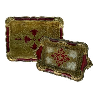 Two Vintage Italian Florentine Hand Decorated Giltwood Trays For Sale