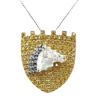 Vintage 18k Yg/Wg Shield Shaped 1.80ct Horse Cut Diamond & Sapphire Pendant For Sale