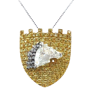 Vintage 18k Yg/Wg Shield Shaped 1.80ct Horse Cut Diamond & Sapphire Pendant