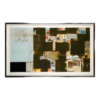 Light Blue and Brown Chine Colle Watercolor With Found Object Collage by Michael Pauker For Sale