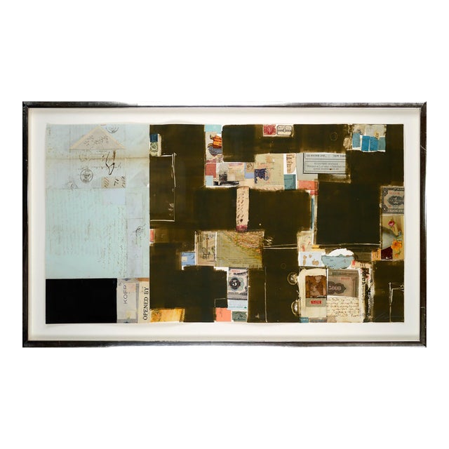 Light Blue and Brown Chine Colle Watercolor With Found Object Collage by Michael Pauker For Sale