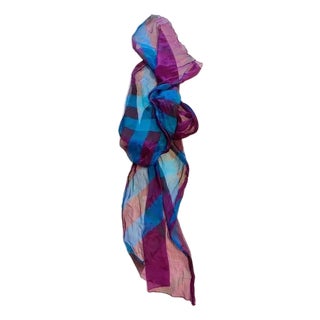 Burberry Crinkle Silk Chiffon Scarf, Made in England, Turquoise & Purple, Lightweight Luxury For Sale