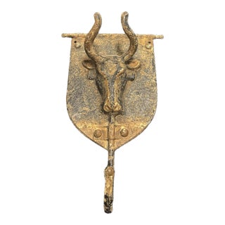 Designer-Sourced Sculptural Bull Head Wall Hook on Shield Backplate For Sale