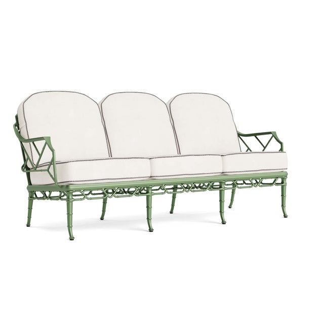 Brown Jordan Calcutta Sofa in Bay Leaf with Sea Salt and Anthracite Stripe Welt Cushions For Sale
