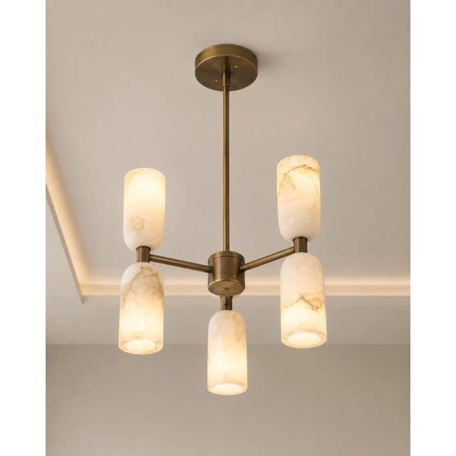 Handcrafted Brass 6-Light Chandelier With Natural Alabaster Cylinder Shades, Dining Room Chandelier For Sale - Image 4 of 5
