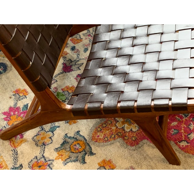 MidCentury Modern Teak Scandinavian Woven Leather Strap Lounge Chairs