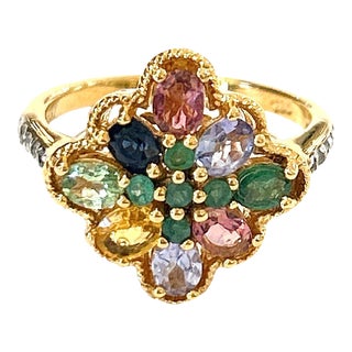 Bochic “Orient” Diamond & Multi Sapphire Vintage Cluster Ring Set 18k & Silver Size 10 For Sale