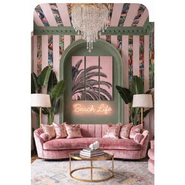 Blush Pink Palm Frond Triptych – Tall Modern Coastal Wall Art For Sale In Houston - Image 6 of 11