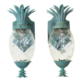 Pair of Vintage Pineapple Bronze and Brass Wall Sconces - Tropical Elegance For Sale