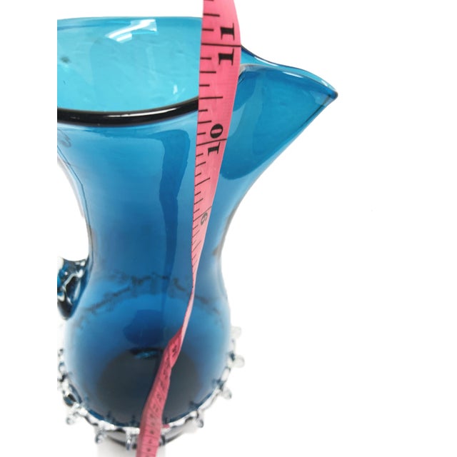 1990s Vintage Murano Style Blue Glass Pinched Spout Pitcher Protruding Clear Glass Design For Sale - Image 5 of 7