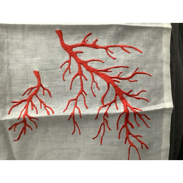 Coastal Sea Coral Embroidered 100% Linen Guest Towels For Sale - Image 3 of 6
