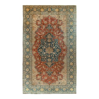 Antique Tabriz Rug in Orange, Blue, Beige Floral Medallion Pattern For Sale
