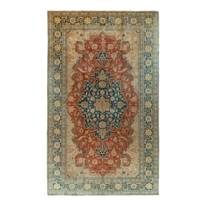 Antique Tabriz Rug in Orange, Blue, Beige Floral Medallion Pattern