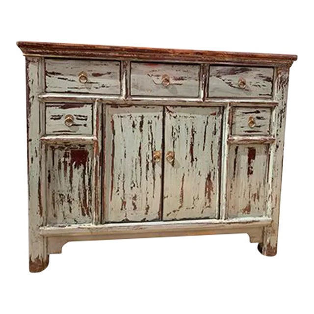 1960's Asian Vintage Distressed Grayish Blue Cabinet For Sale