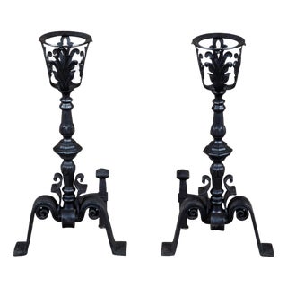 Pair of English Turn of the Century Iron Andirons with Foliage and Guilloches For Sale