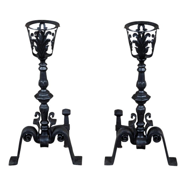 Pair of English Turn of the Century Iron Andirons with Foliage and Guilloches For Sale