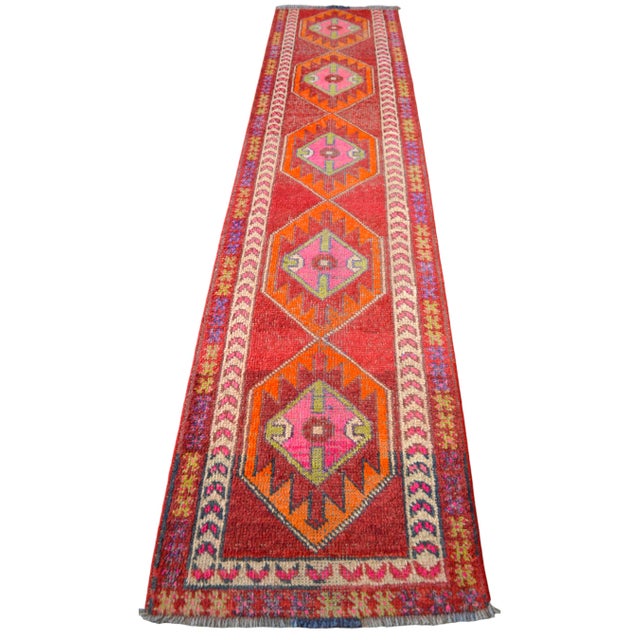 Red 1960s Turkish Runner Rug. Hand-Knotted Tribal Red, Pink Color Hallway Rug, Kitchen Decor - 2′10" × 12′1" For Sale - Image 8 of 16