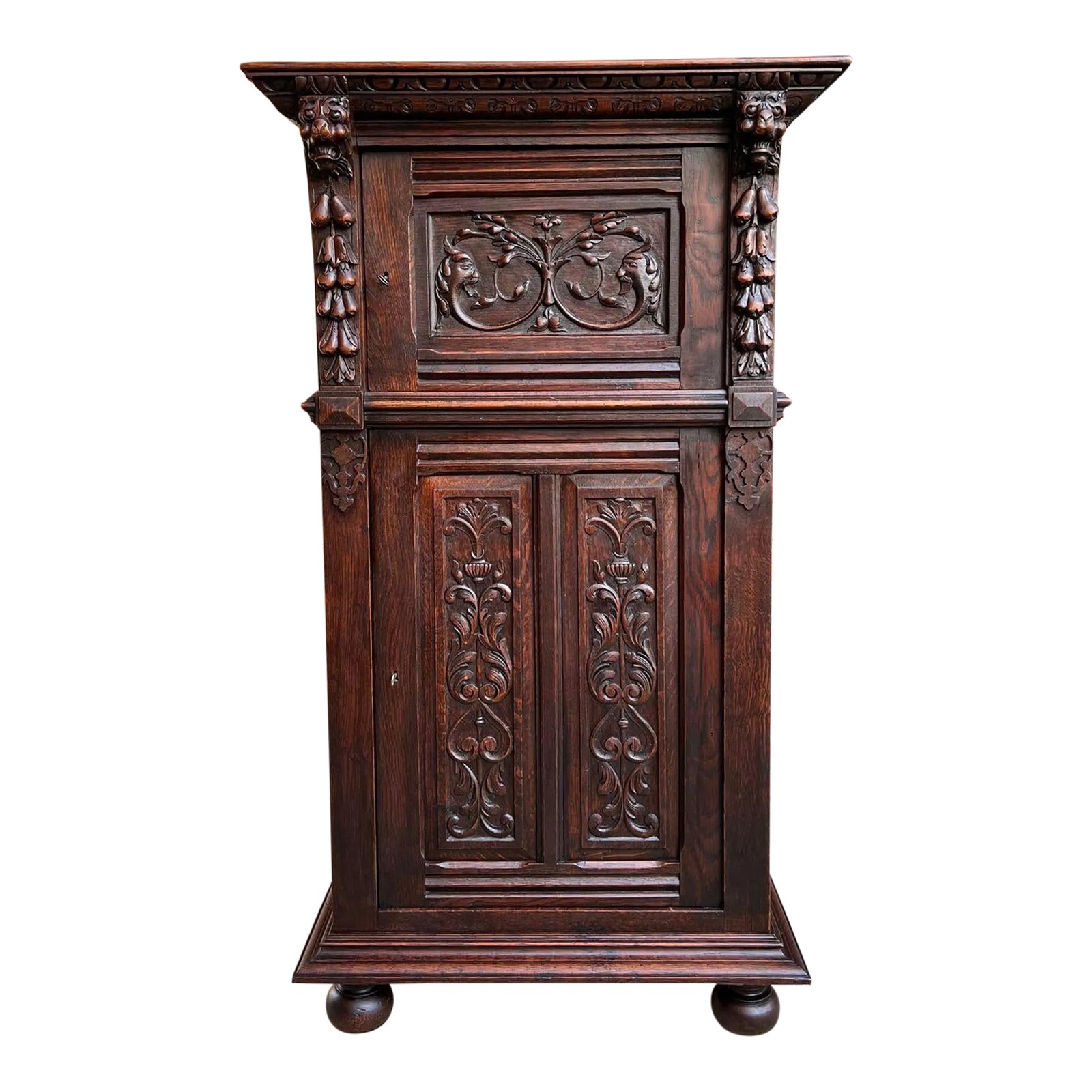 Antique French Renaissance Carved Oak Wine Cellarette