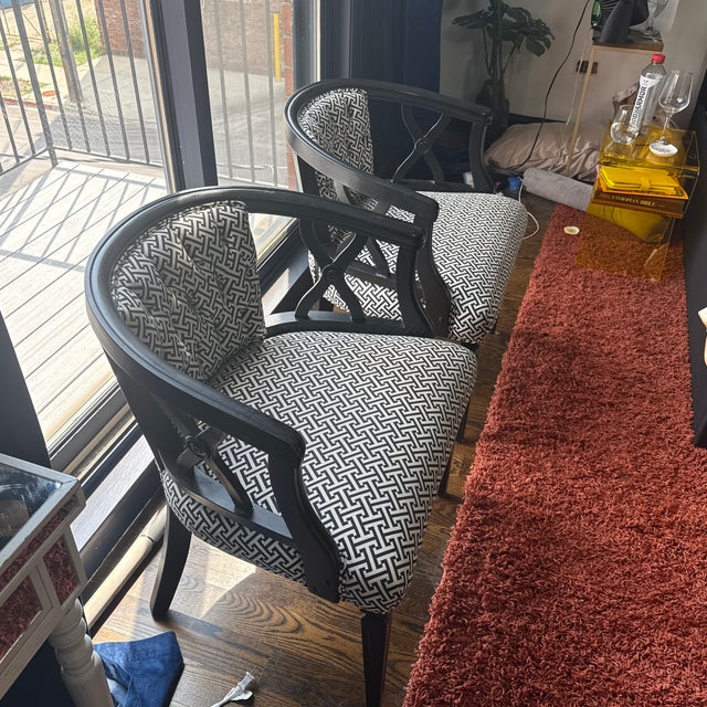 Pair of Professionally Restored Vintage Barrel Accent Chairs in Hollywood Regency Style For Sale - Image 4 of 12
