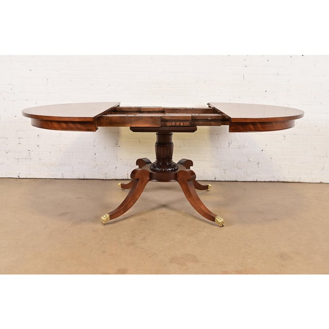 Wood Baker Furniture Style Georgian Banded Mahogany and Burl Wood Pedestal Extension Dining Table, Newly Refinished For Sale - Image 7 of 14