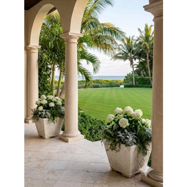 Off-white Vintage Pair of Square Lattice Cast Stone Planters For Sale - Image 8 of 12