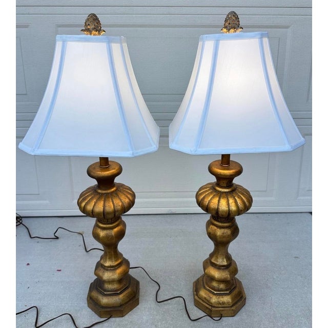 Pair of Monumental 1920s Italian Carved Giltwood Pineapple Table Lamps - 36" Tall Hollywood Regency For Sale - Image 13 of 18