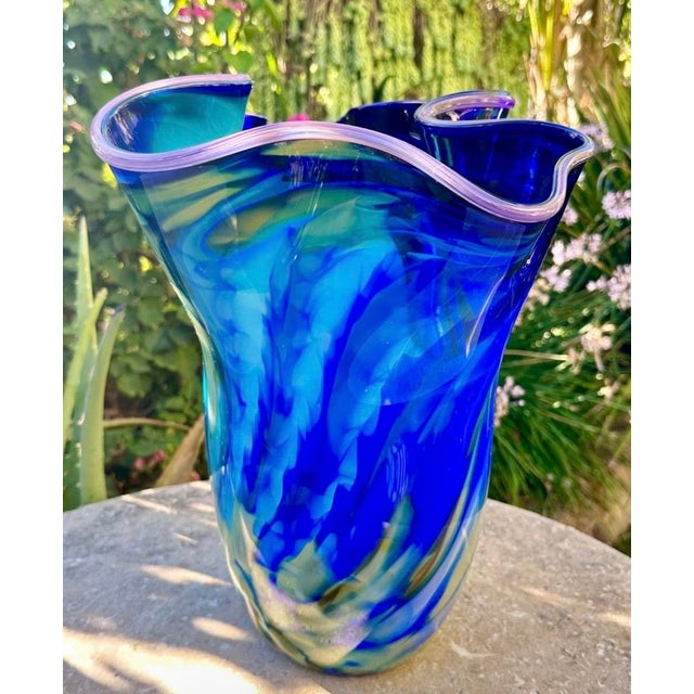 Blue Large Blue Swirl Ruffled Handkerchief Art Glass Vase | Studio Glass Fazzoletto 15"h Artist Signed For Sale - Image 8 of 18