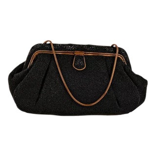 French Deep Navy Black Micro Beaded Evening Purse For Sale