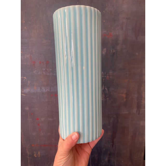 Modern Early 21st Century Turquoise Ribbed Ceramic Vases - a Pair For Sale - Image 3 of 11