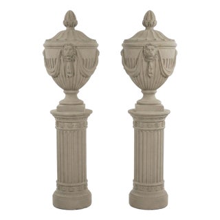 Pair of Neo-Classical Style Cast Stone Garden Urns and Pedestals For Sale