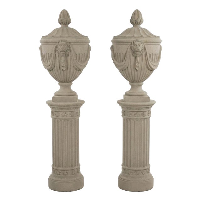 Pair of Neo-Classical Style Cast Stone Garden Urns and Pedestals For Sale