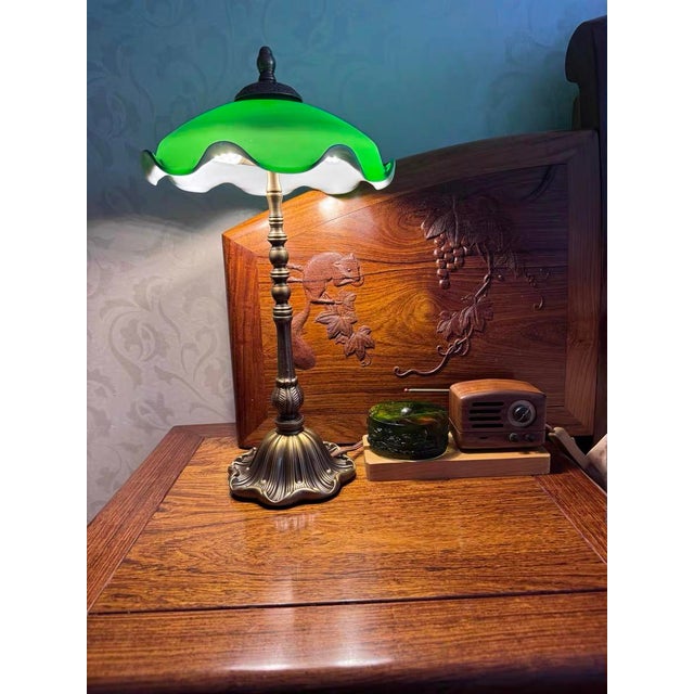 Dark Green Glass & Retro Copper Lamp For Sale - Image 6 of 6