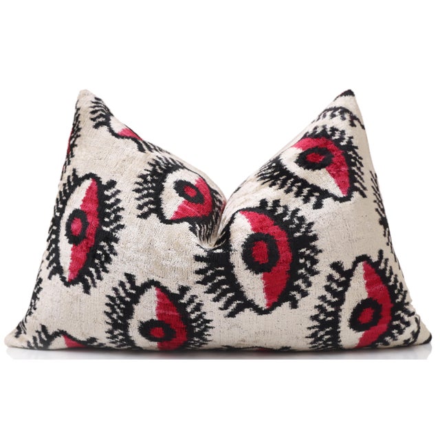 Hand-Knotted Silk Velvet "Evil Eye" Ikat Lumbar Pillow - 16x24 Red & Beige For Sale - Image 4 of 8