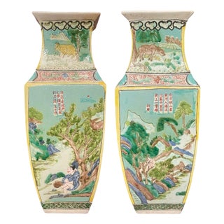Pair of Early 20th Century Chinese Famille Verte Porcelain Vases W/ Kangxi Mark For Sale