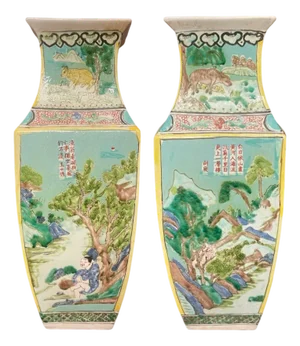 Pair of Early 20th Century Chinese Famille Verte Porcelain Vases W/ Kangxi Mark